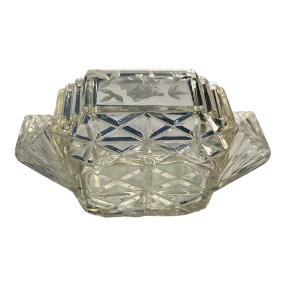 Vintage Pressed Glass Candy Dish with Floral Etch & Fan Handles | Art Deco Style - Picture 3 of 3